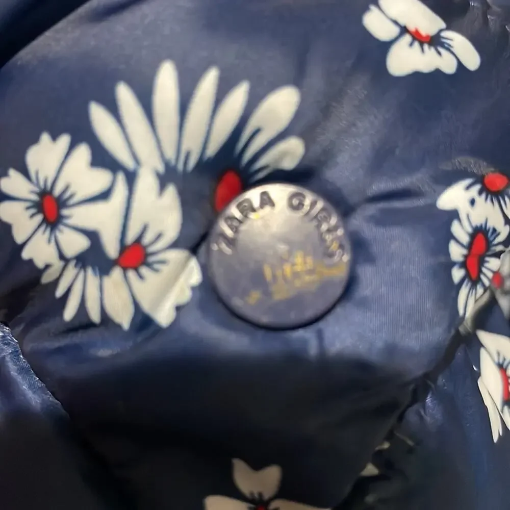Zara girls 6 blue white floral front zip with pockets puffer jacket euc